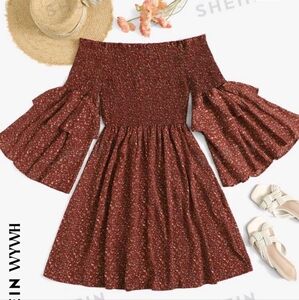 SHEIN WYWH Plus Ditsy Floral Shirred Bodice Bardot Dress 1x - 14, rust brown
